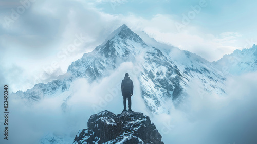 A man stands confidently on the peak of a snow-covered mountain, surrounded by a vast expanse of white © sommersby