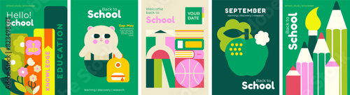 School backgrounds. Stationery, books, a set of pencils, a backpack. Set of flat cute vector illustrations. Back to school. School theme elements and objects, simple poster background.