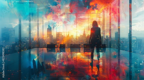 A woman stands in front of a city skyline at sunset