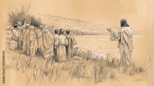 Jesus Appearing to His Disciples by the Sea of Galilee, Biblical Illustration of Faith and Reassurance, Ideal for Religious article