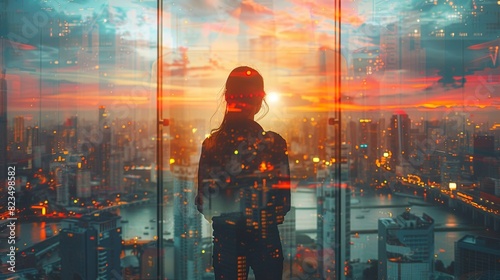 A woman is standing in front of a city skyline with a sunset in the background