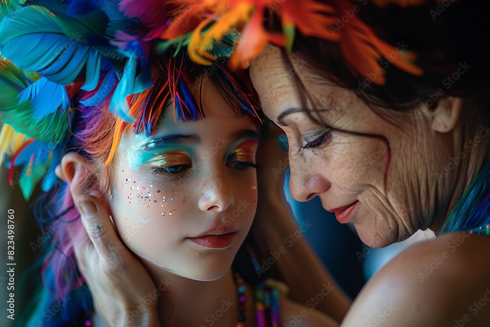 Obraz premium A transgender helps their child dress up for a school festival. They prepared their children's outfits and makeup ready for the event.