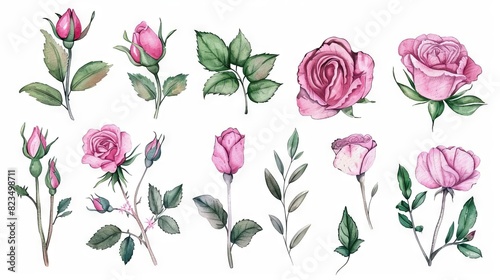 set of watercolor pink flowers garden roses peonies leaves and branches botanic illustration