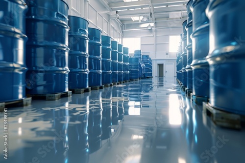 Warehouse with rows of blue industrial barrels arranged neatly on pallets, reflecting on the polished floor. photo