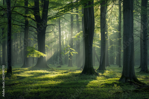 Green forest with beech trees, during spring time, with sun light and shadows, in a morning misty atmosphere.