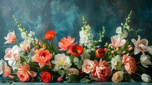 A watercolor composition of a floral arrangement centerpiece with a mix of elegant wedding flowers, including orchids, tulips, and greenery, creating a lush and romantic display. List of Art Media