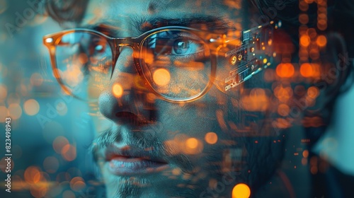 A man wearing glasses is looking at a blurry image of himself