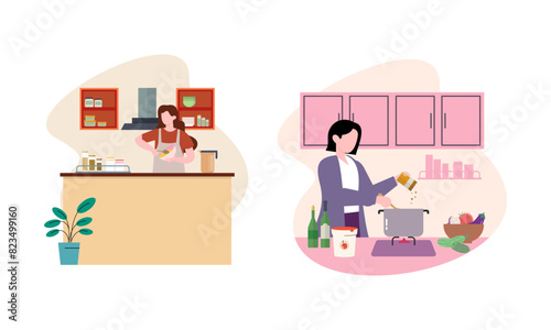 Collection of people cooking in kitchen, serving table, dining together, eating food