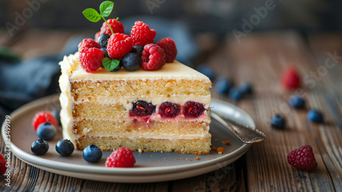 Piece of delicious homemade cake with fresh berries se