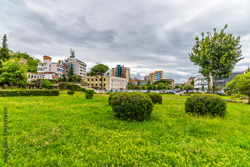 A view across the park containing ancient city ruins of Lissu towards Lezhe, Albania in summertime