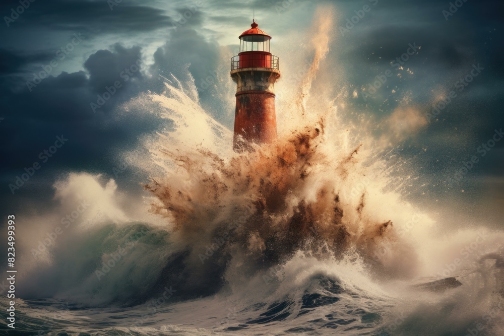 Majestic waves erupt around a steadfast lighthouse amidst a turbulent storm at sea