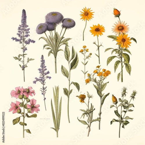 Vintage watercolor botanical illustrations of herbs and flowers,