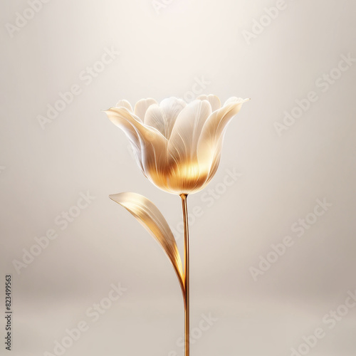 Tulip flower frosted glass petals soft gold 3D render style isolated on white background with copy space for text in concept luxury, modern, floral art