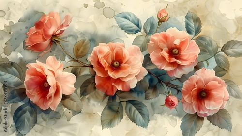 A delicate watercolor pattern featuring pink roses and rosebuds  with subtle variations in color and intricate details in the petals and leaves. List of Art Media Photograph inspired by Spring