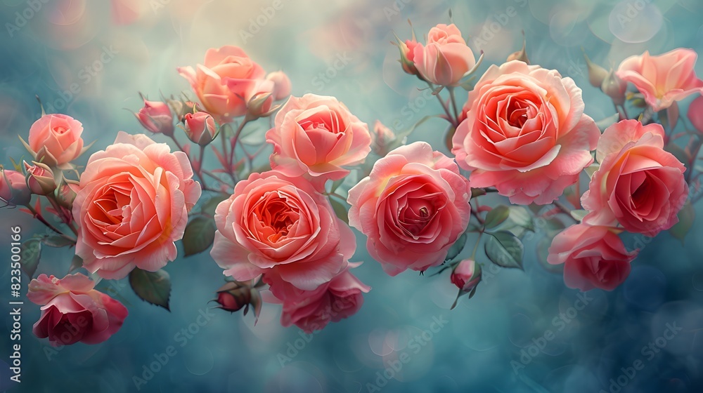 A watercolor painting of a cluster of pink roses with soft, blurred edges, creating a dreamy and romantic atmosphere. List of Art Media Photograph inspired by Spring magazine A watercolor painting of a cluster of pink roses with soft, blurred edges, creating a dreamy and romantic atmosphere. List of Art Media Photograph inspired by Spring magazine