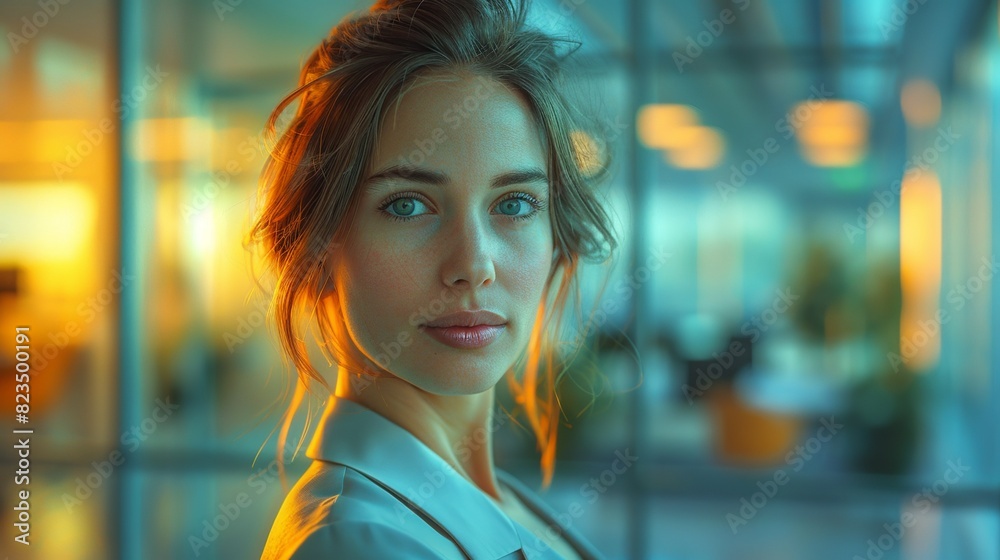 A woman with long brown hair and blue eyes is standing in front of a window A woman with long brown hair and blue eyes is standing in front of a window