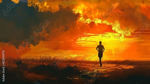 silhouette of runner jogging alone at sunset digital painting