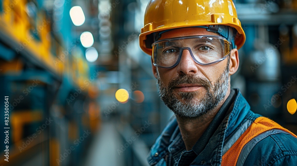 A man in a yellow helmet and safety glasses is standing in a factory A man in a yellow helmet and safety glasses is standing in a factory