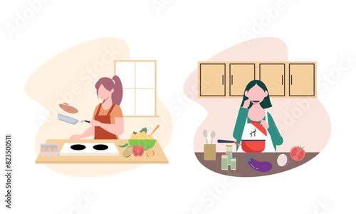 Collection of people cooking in kitchen, serving table, dining together, eating food
