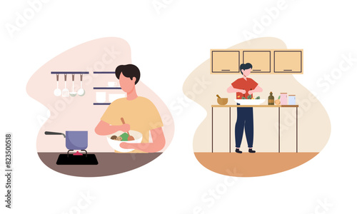 Collection of people cooking in kitchen, serving table, dining together, eating food