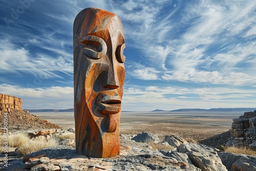 A sculpture of an aboriginal art in the outback, with a wide sky and desert landscape behind it. the sculpture is carved from red sandstone, depicting traditional symbols like eyes or mouth shapes. photo