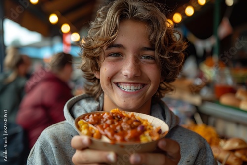 Teenager enjoying a festival day with delicious street food in hand