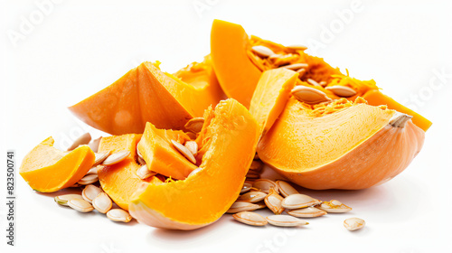 Pieces of ripe orange pumpkin and seeds on white backg