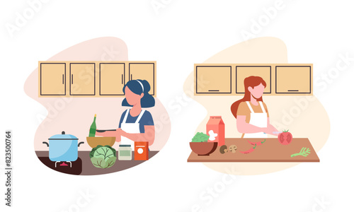 Collection of people cooking in kitchen, serving table, dining together, eating food