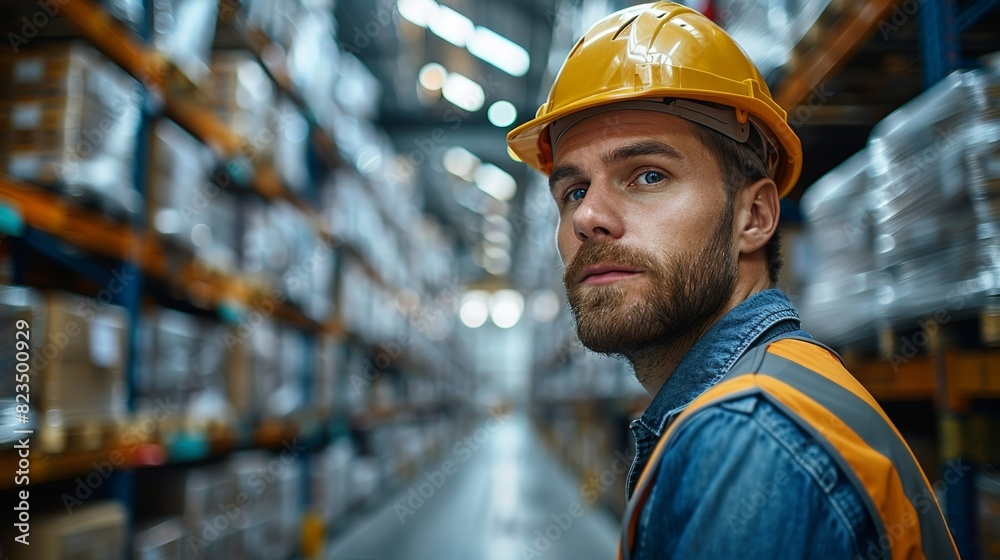 A man in a yellow hard hat stands in a warehouse A man in a yellow hard hat stands in a warehouse