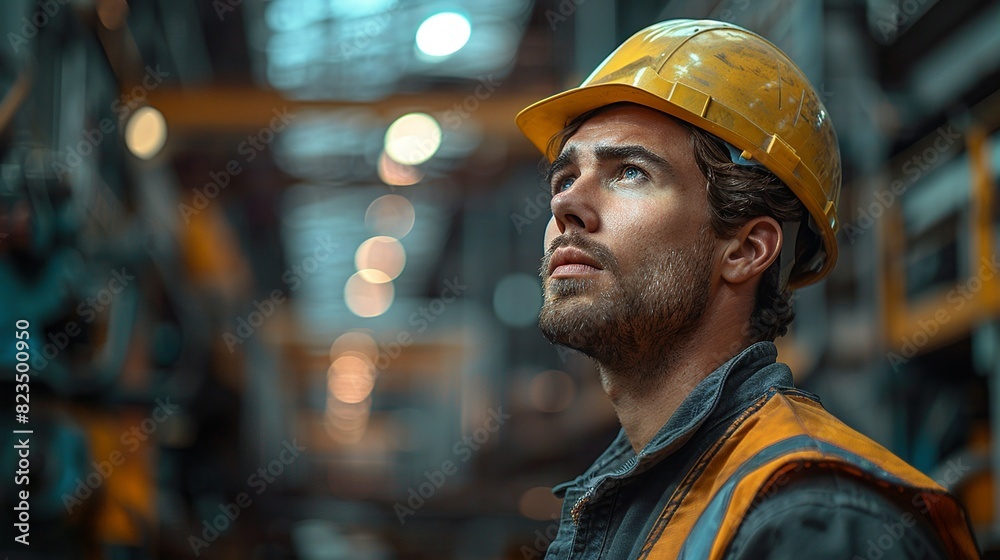 A man in a yellow hard hat is looking up at something A man in a yellow hard hat is looking up at something