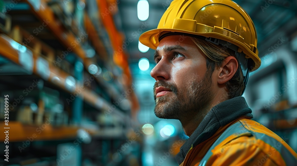 A man in a yellow hard hat is looking at something in a warehouse A man in a yellow hard hat is looking at something in a warehouse