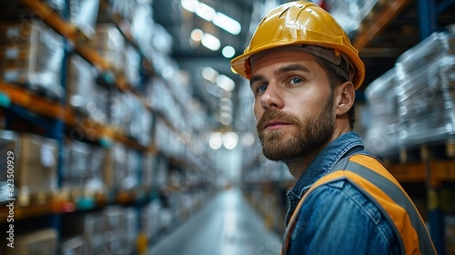 A man in a yellow hard hat stands in a warehouse photo