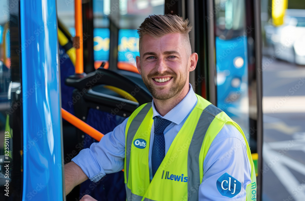 A photo of the bus driver in his uniform smiling, standing next to an ...