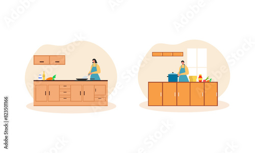 Collection of people cooking in kitchen, serving table, dining together, eating food