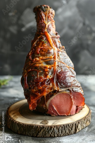 Delicious dry-cured Spanish pork leg on a rustic wooden board photo