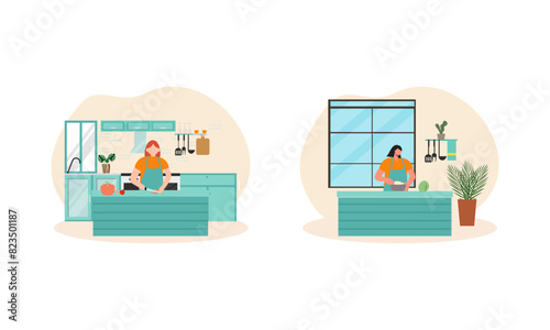 Collection of people cooking in kitchen, serving table, dining together, eating food