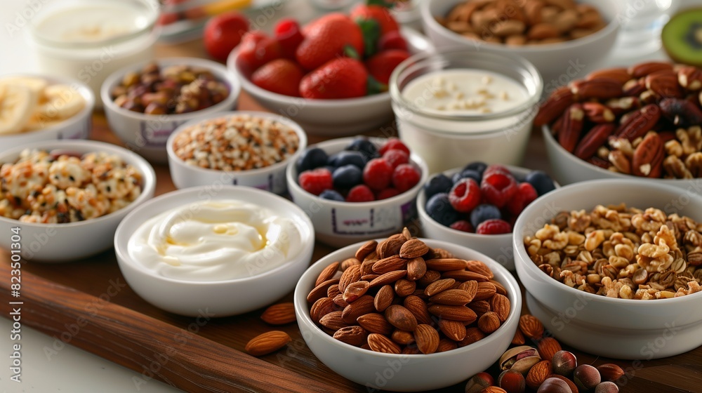 a selection of healthy snack options, such as nuts, seeds, yogurt, and fresh fruit, arranged on a platter or in individual containers a selection of healthy snack options, such as nuts, seeds, yogurt, and fresh fruit, arranged on a platter or in individual containers