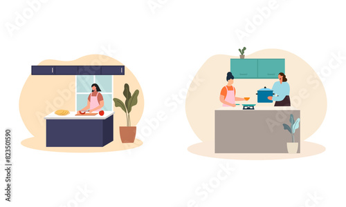 Collection of people cooking in kitchen, serving table, dining together, eating food