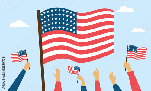 United States National Flag Day illustration. The American flag against the sky. People are waving their hands with flags.