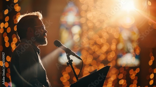 spiritual pastor delivers heartfelt sermon in softly lit church christian worship practices religious devotion with bokeh