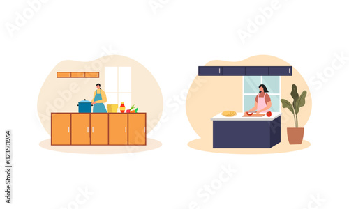 Collection of people cooking in kitchen, serving table, dining together, eating food