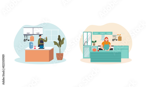 Collection of people cooking in kitchen, serving table, dining together, eating food