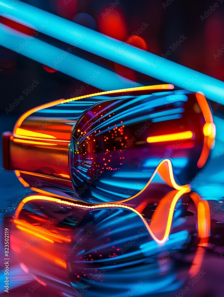 Fototapeta premium A virtual reality headset illuminated by neon lights with a sleek, modern design