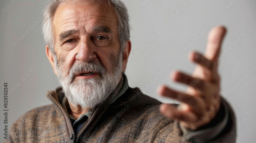 An elderly man with a white beard standing in a gray jacket An elderly man with a white beard standing in a gray jacket