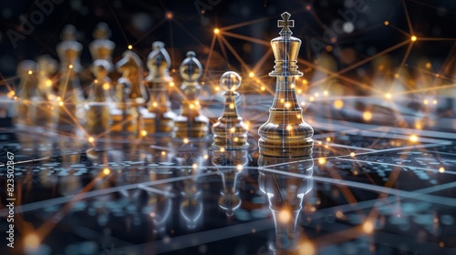 strategic chess game concept pieces on chessboard with technology network background business leadership and competition 3d rendering © furyon