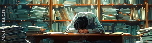 Monotonous Desk Job A illustration figure slumped over a cluttered desk with stacks of paperwork photo