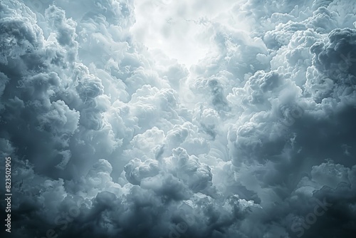 A photo of white clouds in the sky, with dark grey stormy clouds at their edges. the center is clear and sunny, creating an atmosphere of calm before rain or thunderstorm.