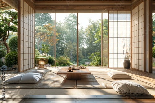 Tranquil Japanese minimalist living room with tatami floors and shoji screens © Fat Bee