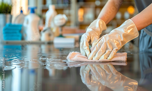 a housewife's hands diligently wiping a table with a cloth photo