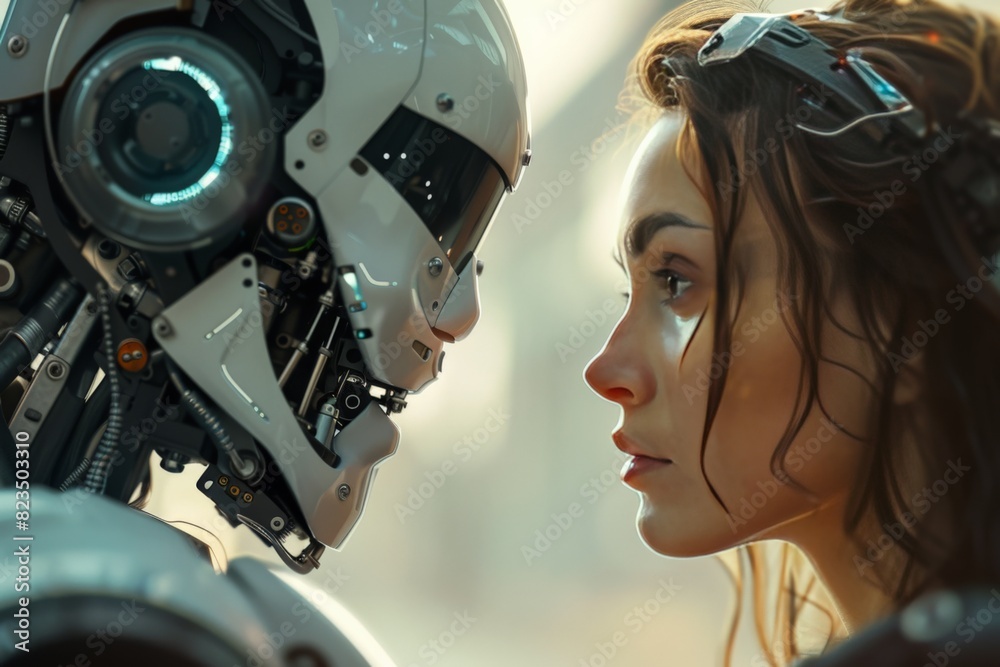 Fototapeta premium A woman stands by a robot on a street in the city
